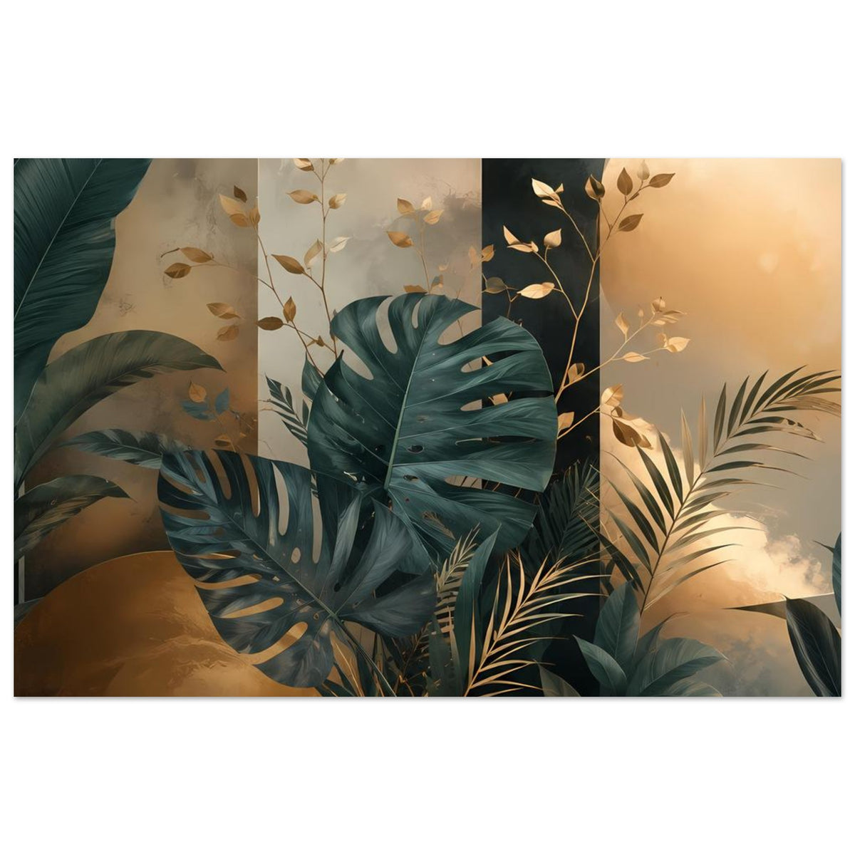 Querformat-Tropenpflanzenposter mit Palmen- und Monstera-Blättern in Petrolgrün und Gold