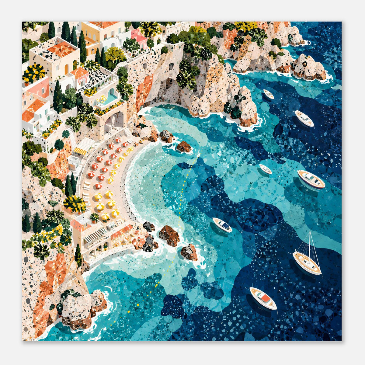 Mediterrane Küstenlandschaft mit Villen, sonnigen Felsklippen und türkisblauem Meer in Mosaikoptik – Posteransicht 48