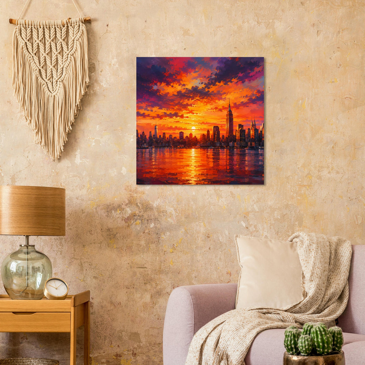 Quadratisches Poster mit Sonnenuntergang-Stadtansicht am Fluss, Spiegelung im Wasser, Rahmen