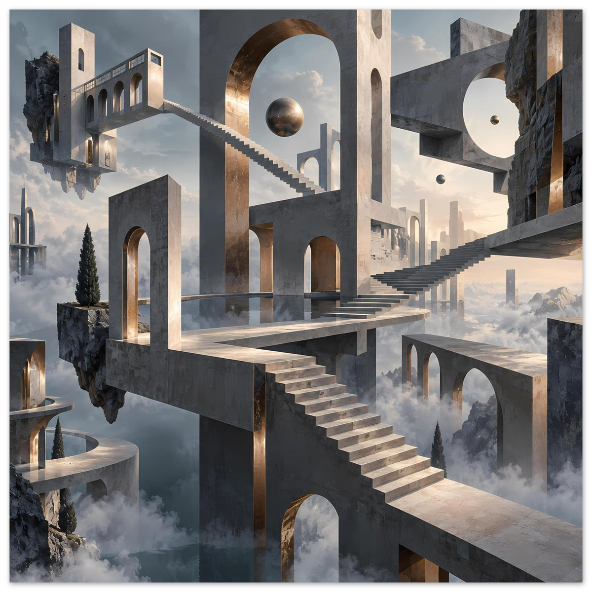 Architekturposter mit schwebender Treppenwand, goldfarbenen Rahmen und schwebender Kugel oben