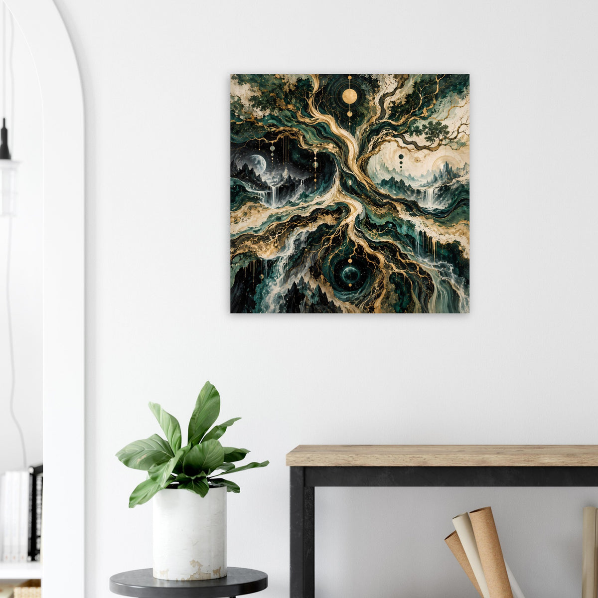 Gerahmtes Poster mit kosmischem Baum-Motiv, dunkles Blaugrün, goldene Strukturen, leuchtende Kreise