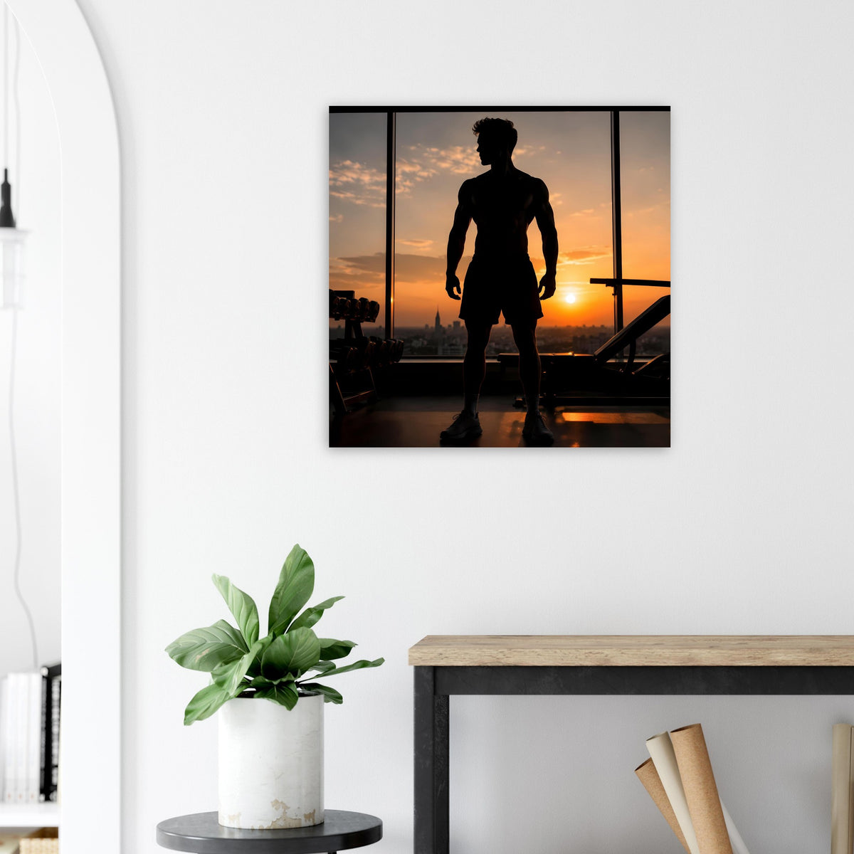 Fitness-Poster mit laufender Sportler-Silhouette vor Skyline im Sonnenuntergang, schwarz gerahmt