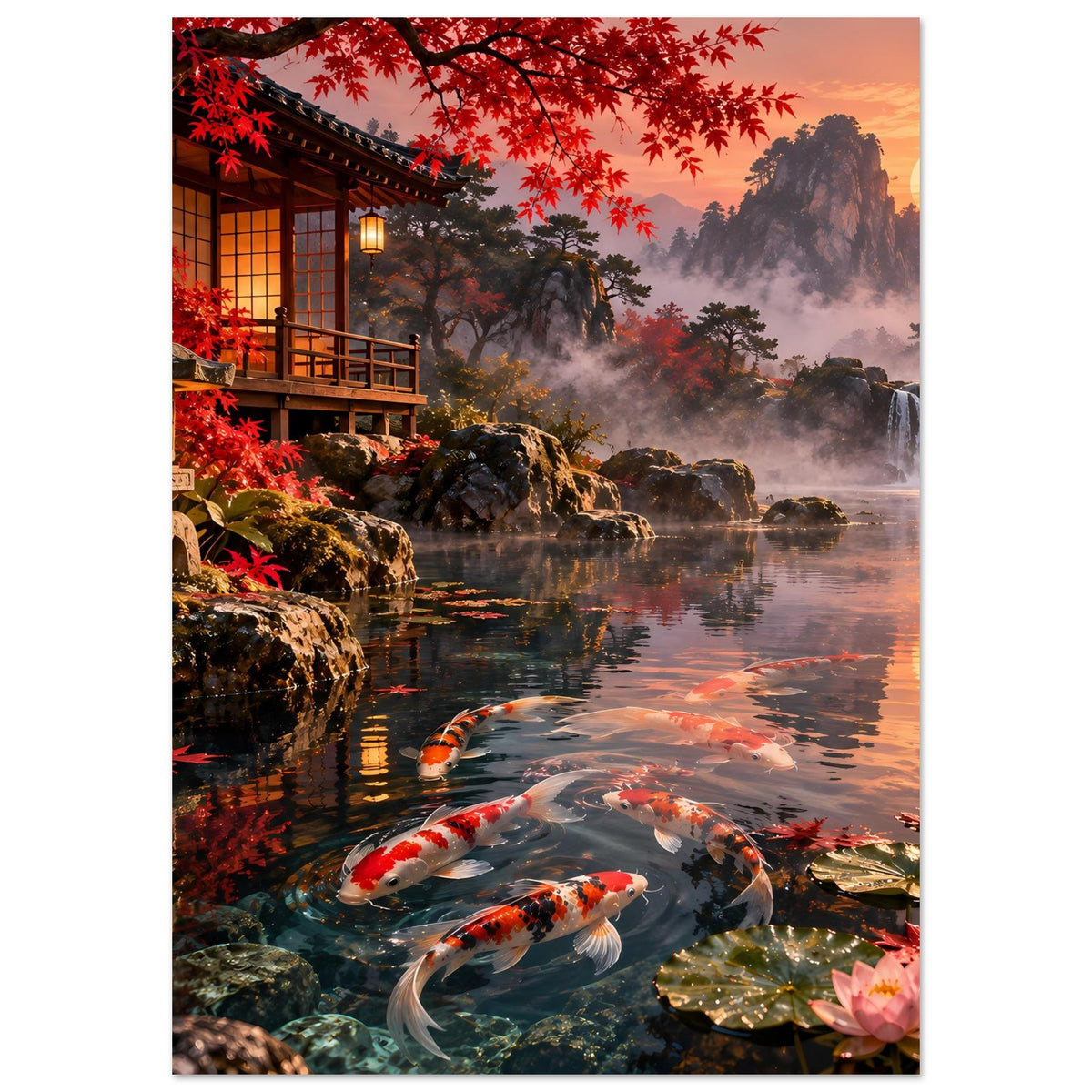 Vertikales Poster mit Koi-Fischen im Teich, rot leuchtenden Blättern und Laterne am Ufer