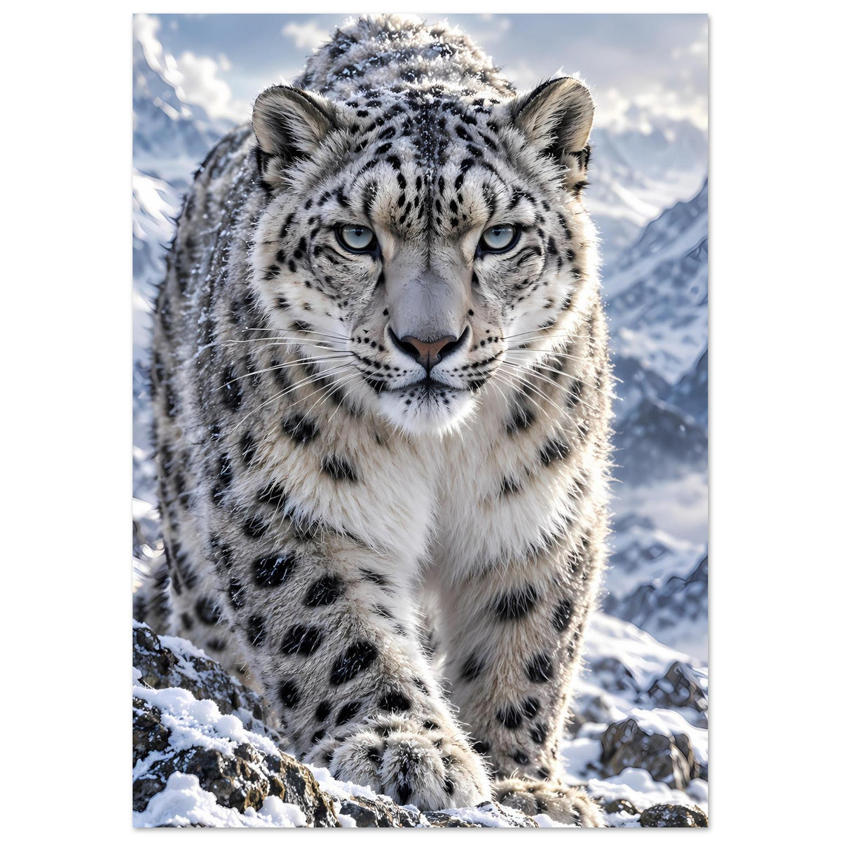 Schneeleoparden-Poster im Hochformat: ganzer Vorderkörper auf felsigem Schnee