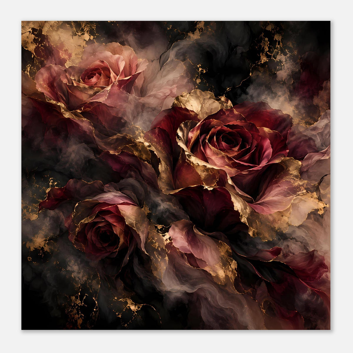 Poster mit dunkelroten Rosen, rosafarbenen Schleifen und goldenen Akzenten im abstrakten Stil