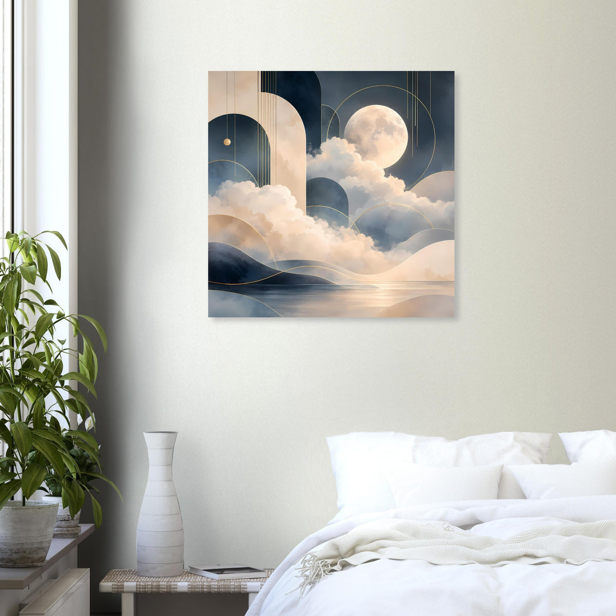 Abstraktes Mondlandschafts-Poster mit goldenen Akzenten an der Wand, Mond über Wolken