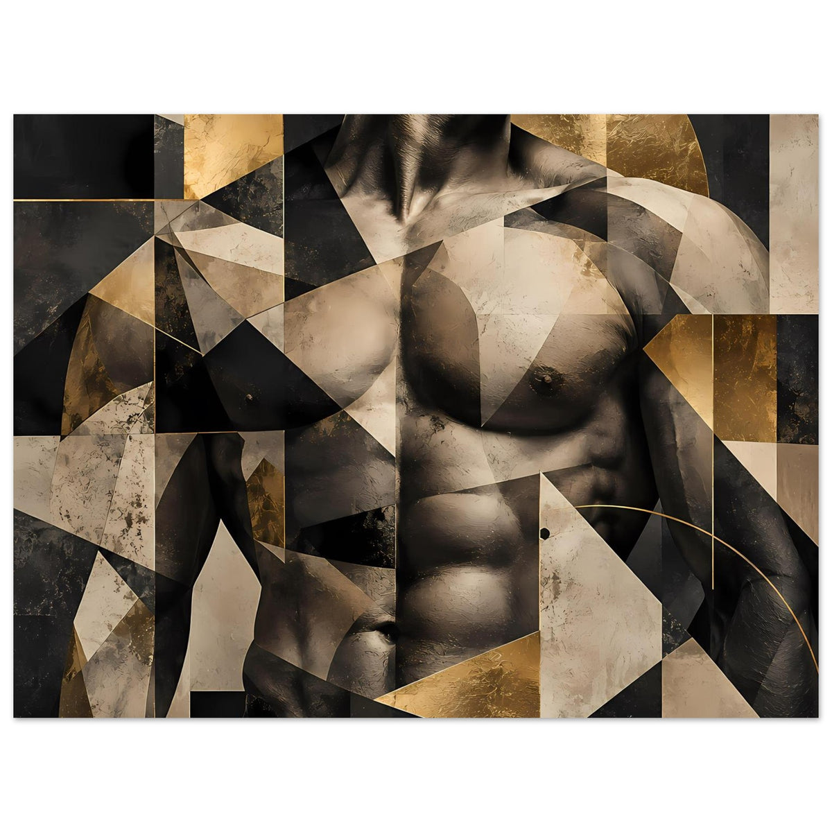 Abstraktes Poster mit Aktmotiv, geometrische Linien und Flächen in dunklem Schwarz und Gold