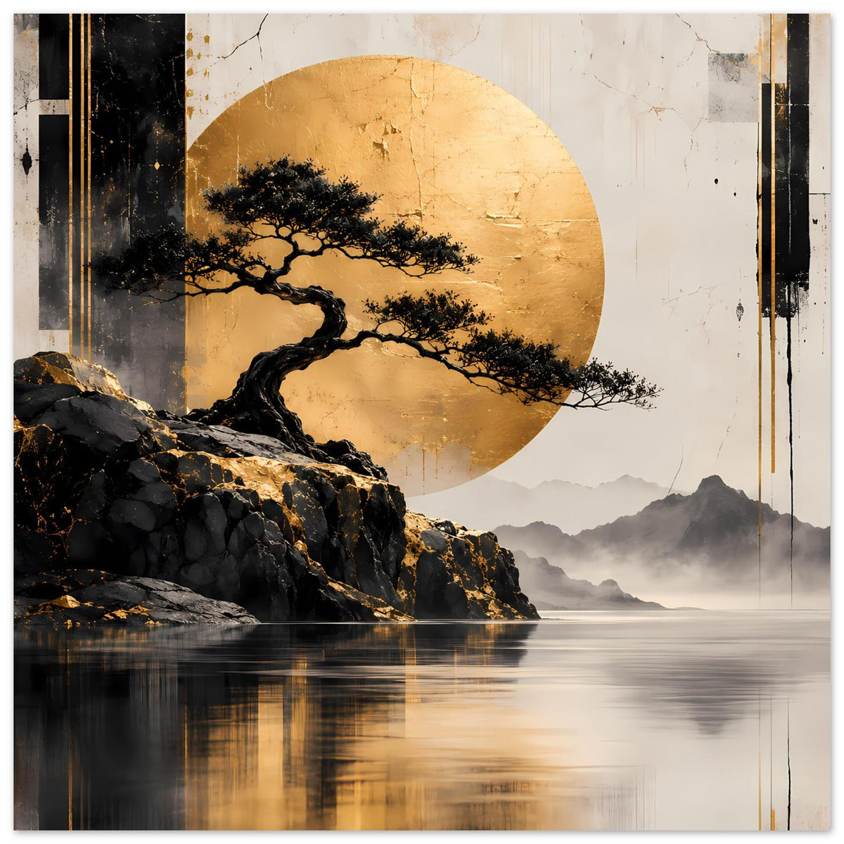 Poster im Querformat: goldener Mond über Felsen, schwarzer Baum im Vordergrund und weiche Nebellandschaft