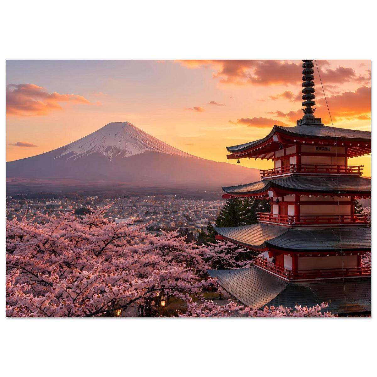 Vertikales japanisches Poster mit Kirschblüten, Berg Fuji und Pagode; Blick auf Abendhimmel