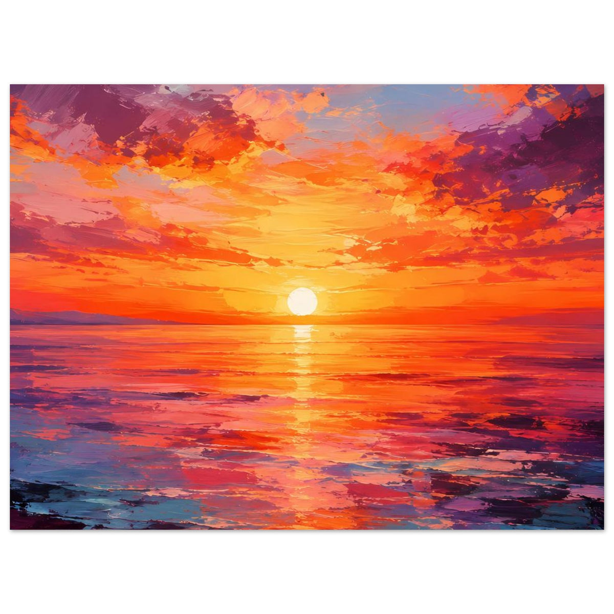 Quadratisches Poster: Sonne über dem Meer bei Sonnenuntergang in Orange und Violett