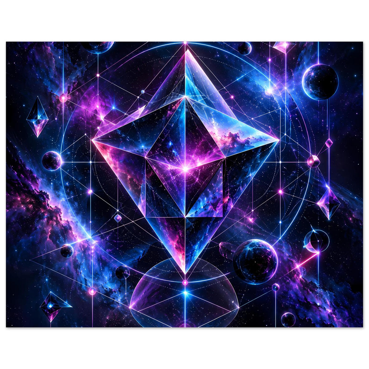 Horizontales Cosmos-Geometrieposter mit geometrischem Stern und schwebenden Planeten
