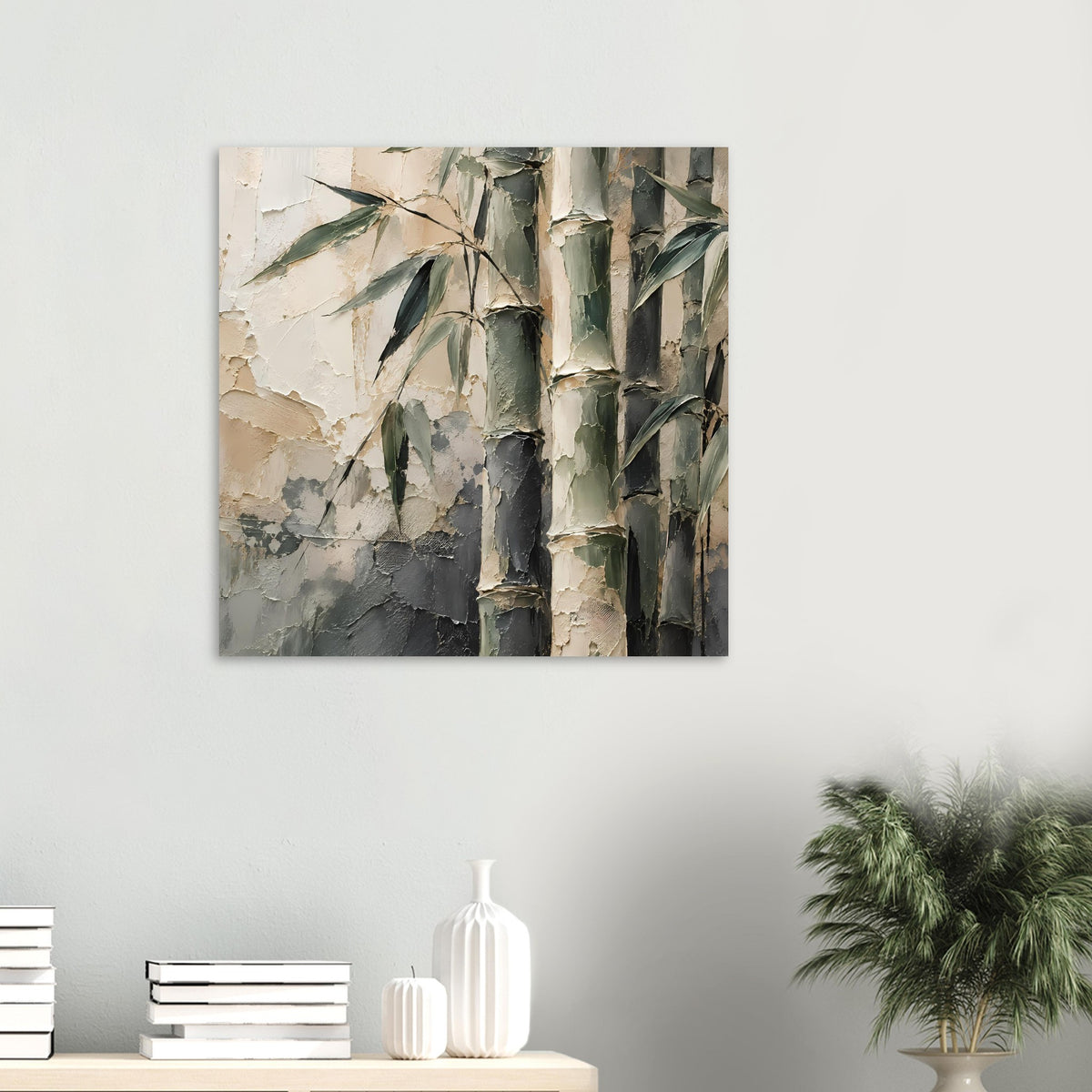 Kleines, gerahmtes Bambuskunst-Poster im quadratischen Format: abstrakte Bambusstämme in Grün/Beige