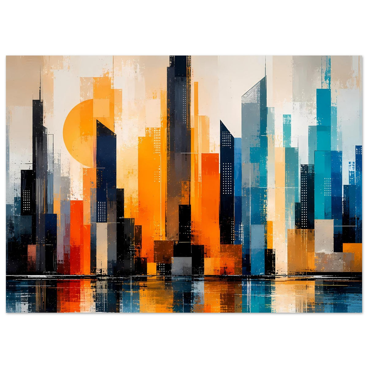 Abstraktes Skyline-Stadtposter in orange und türkis: Hochhäuser über Wasserreflexion