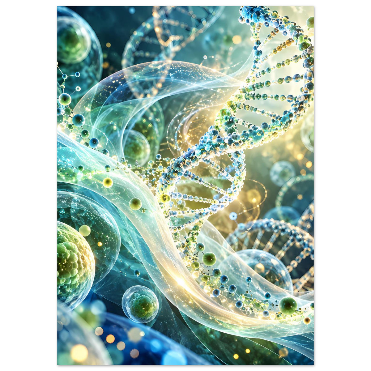 Vertikales Biotechnologie-Poster mit leuchtender DNA-Doppelhelix, blau-grünen Kugeln und feinen Punkten
