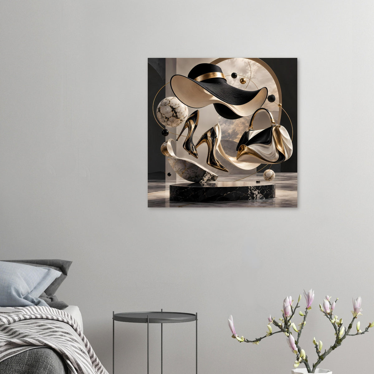 Kleines Abstrakt-Fashion-Poster mit Schuhen, schwarzer Tasche, goldenen Formen und Kugeln