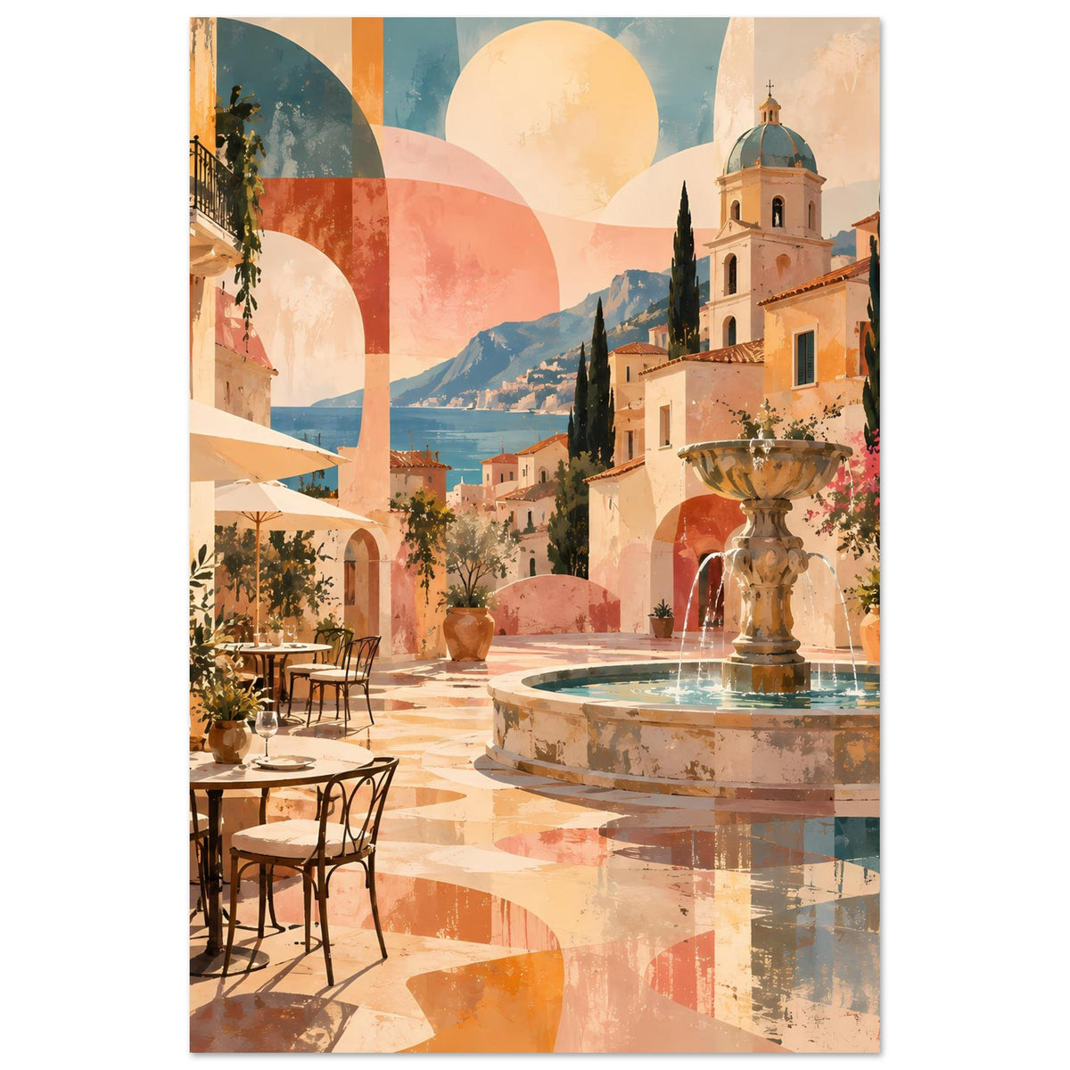 Mediterranes Poster (hochkant) mit Kirche, Brunnen und Poolbecken in warmen Farben
