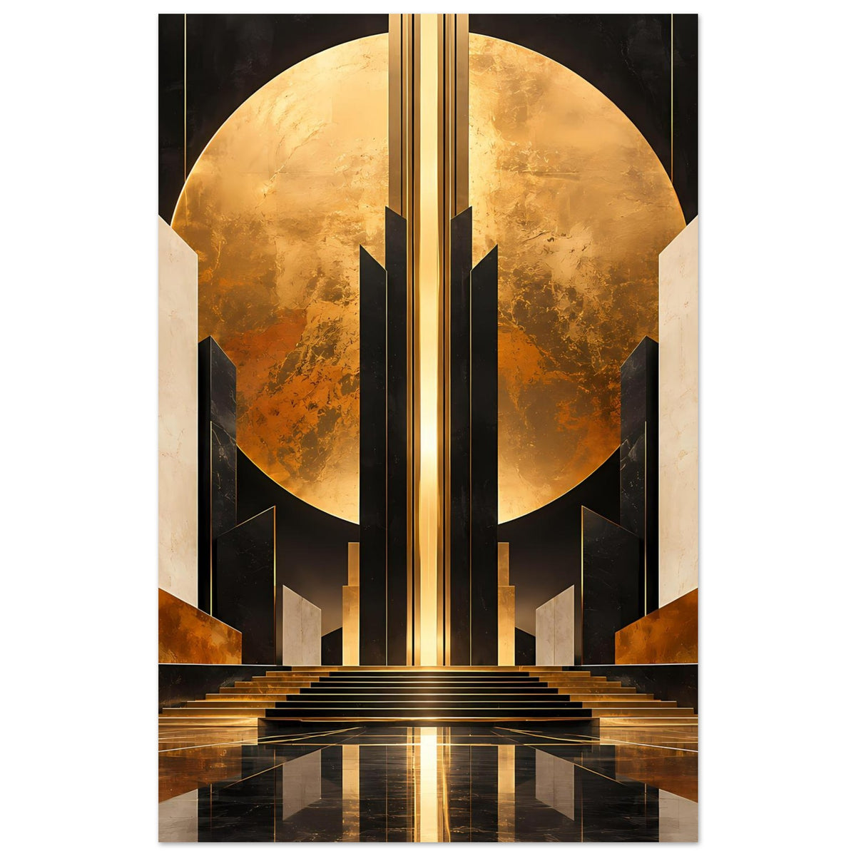 Art-Déco-Poster in Gold und Schwarz mit geometrischem Kreis, vertikal
