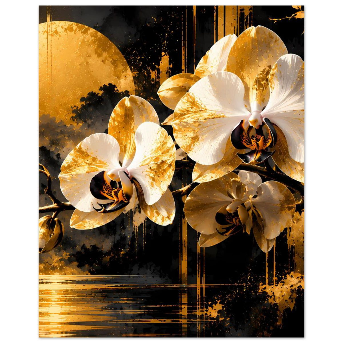 Poster mit Orchideenmotiv in Gold und Weiß, kräftige Kontraste und Spritztexturen