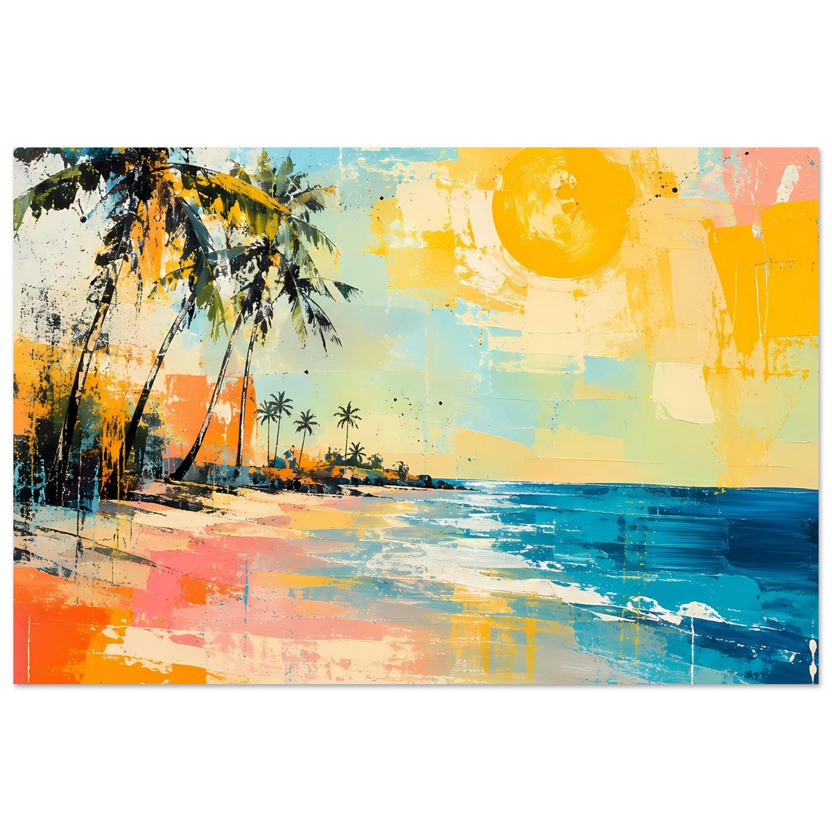 Tropisches Strandposter im Querformat: Palmen, Strandfarben Orange, Blau und gelbe Sonne