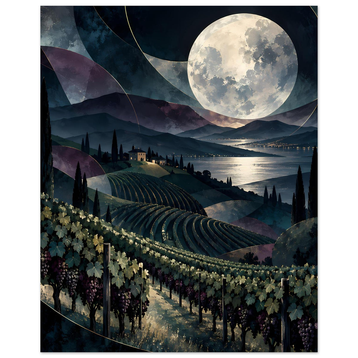Nachtlandschaftsposter mit Weinbergen, großem Mond und Uferblick, Hochformat