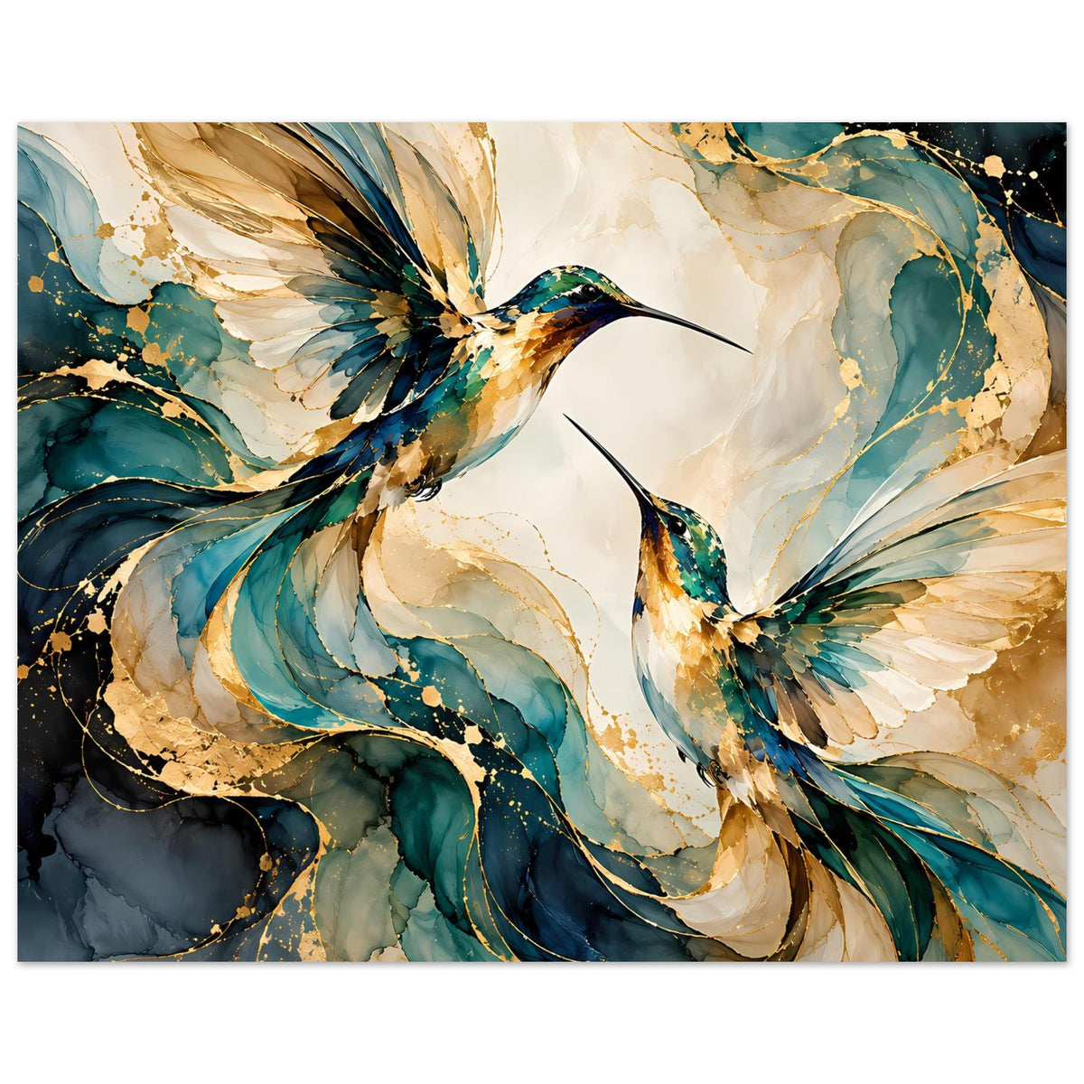 Vogelposter im Querformat: Kolibris mit Flügeln in Blau, Türkis und Gold