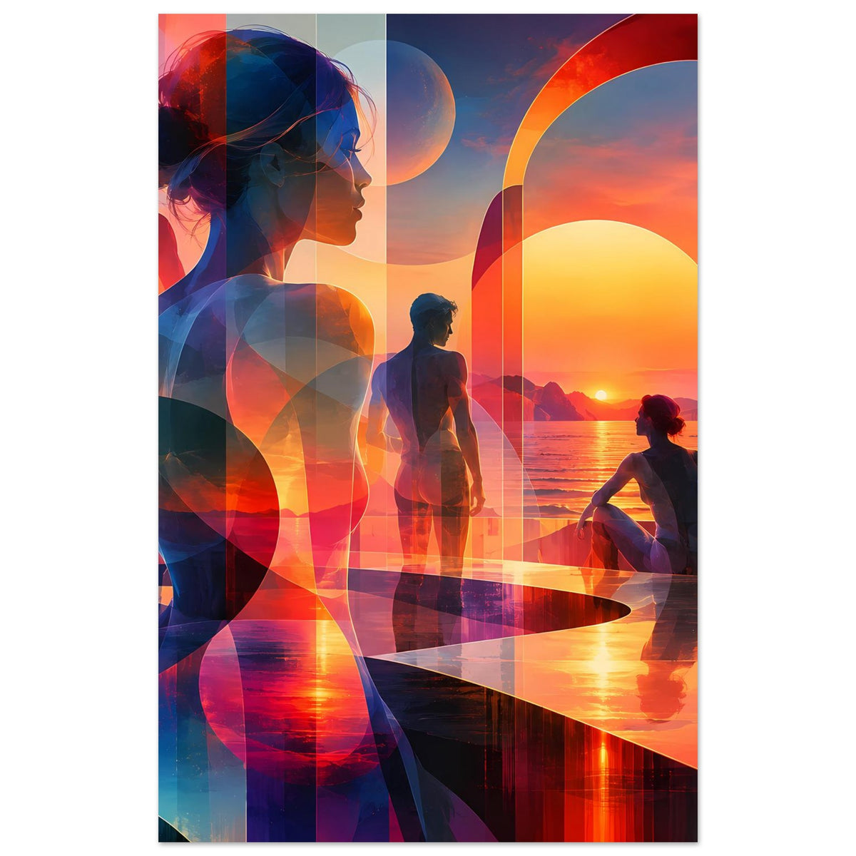 Kunstposter im Hochformat mit Profil-Frau, Menschen-Silhouetten und rotem Bogen bei Sonnenuntergang