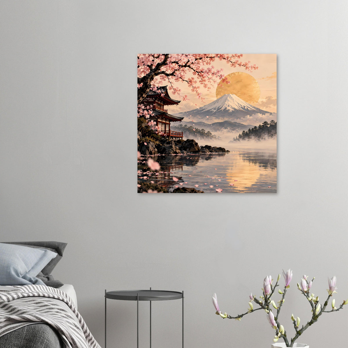 Kleines Querformat-Poster mit Kirschblüten, Pagode, Fuji-Berg und Seespiegelung