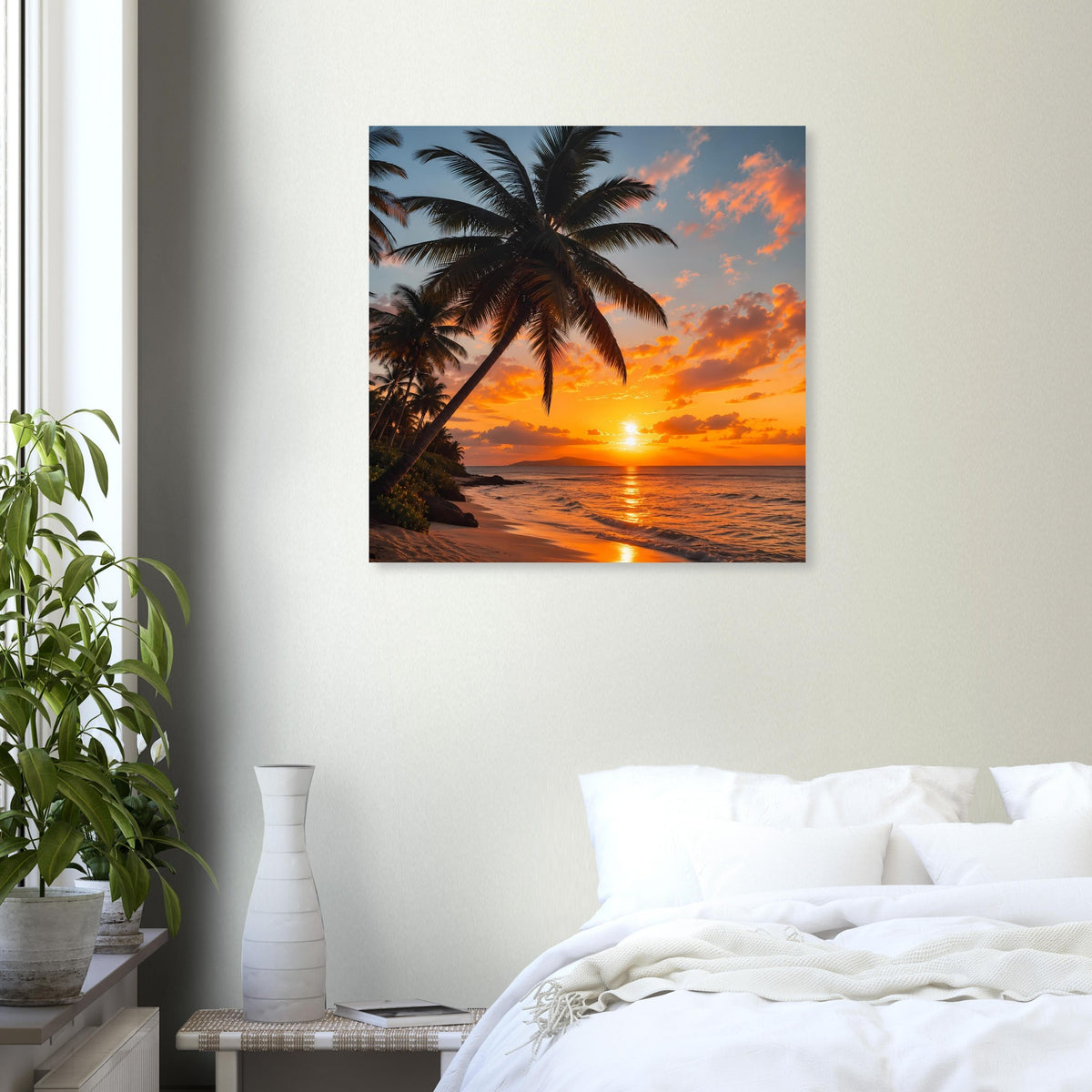 Quadratisches Poster mit Palmen am Meer bei Sonnenuntergang, schwarz gerahmt