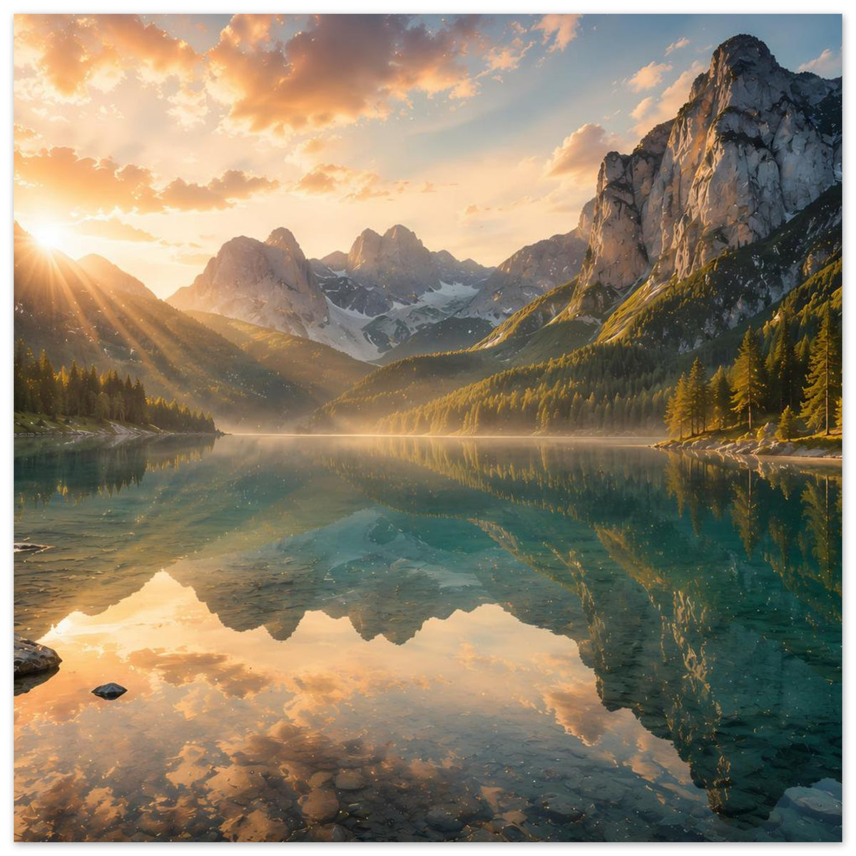Poster mit Bergkette über dem stillen Bergsee, Sonnenaufgang und Reflexion, Querformat