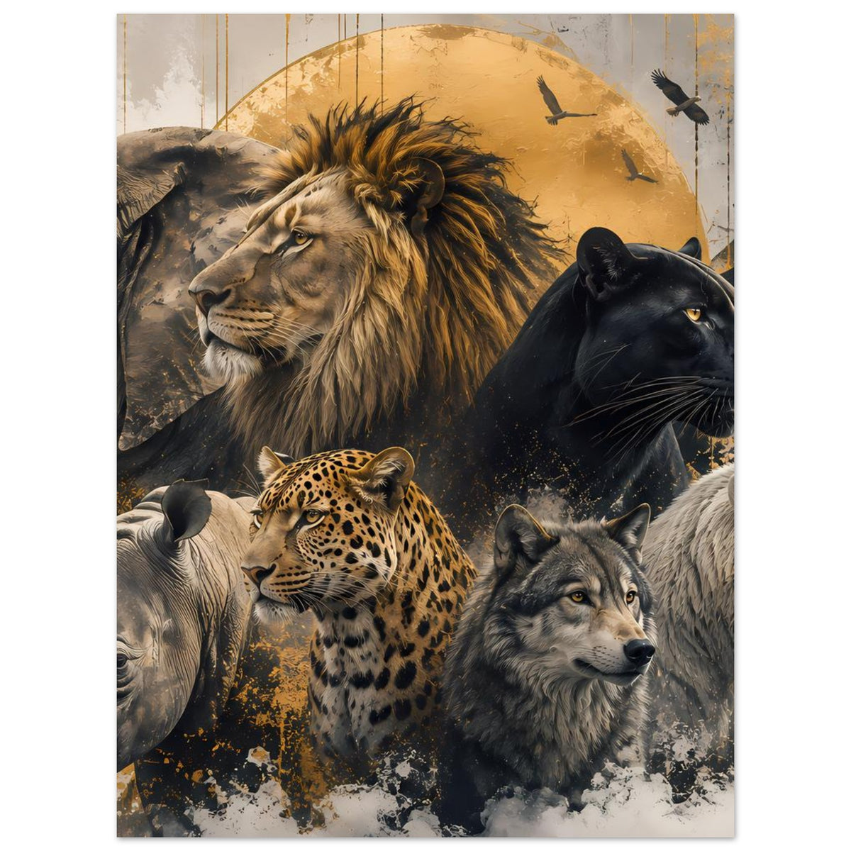 Wildtiere-Poster mit Löwe, Panther, Leopard, Wölfen und Elefant in Gold-Schwarz