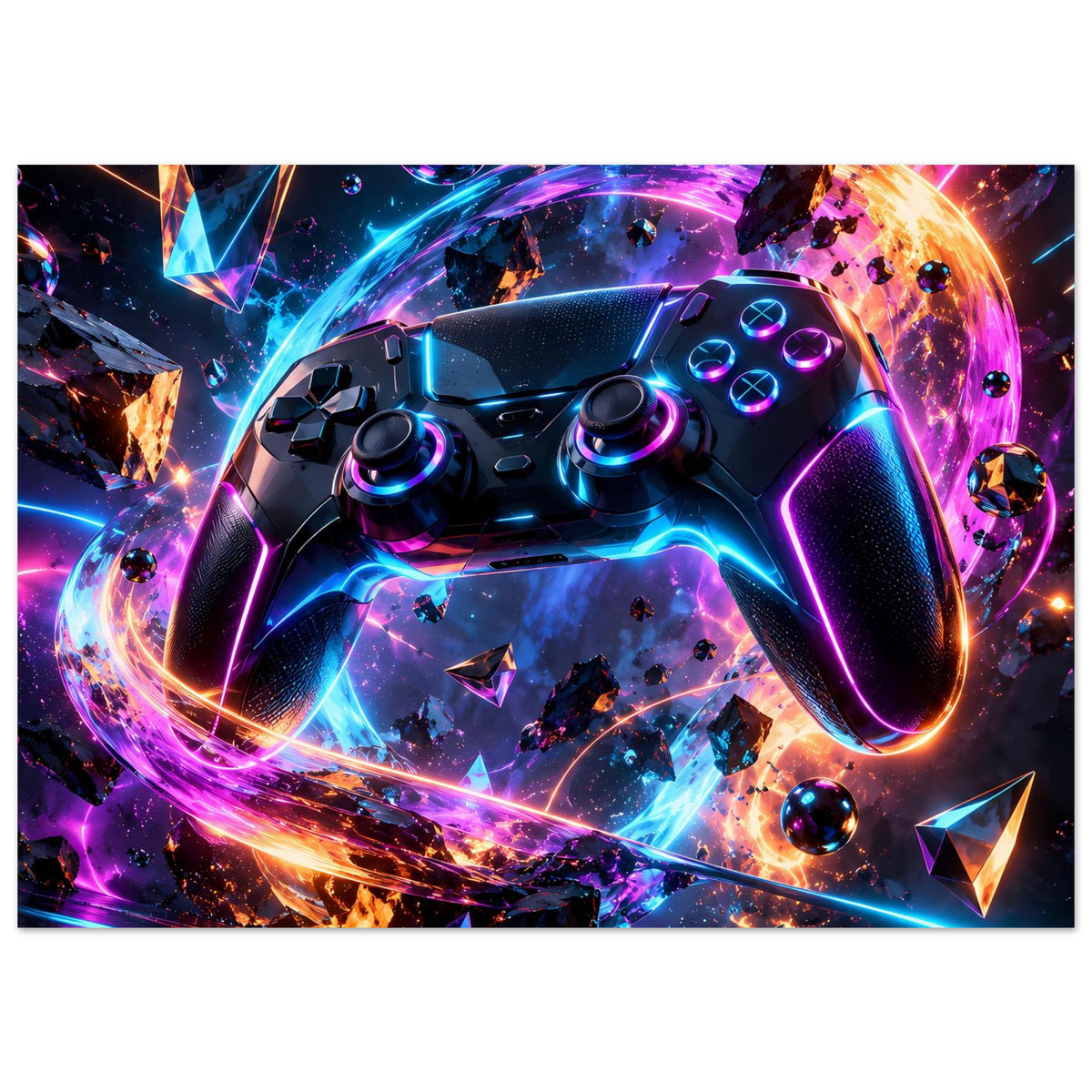 Neon-Poster mit Gaming-Controller-Motiv, intensives Lila, Blau und Orange im Zentrum
