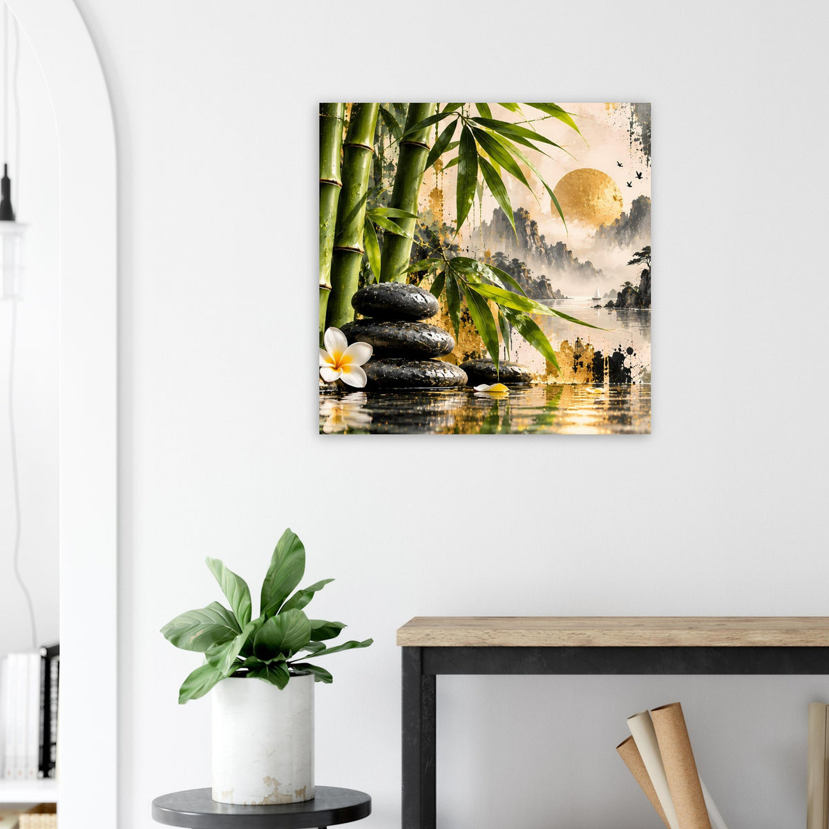 Zen-Bambus-Poster mit Bambus, goldener Sonne, Steinhaufen und ruhigem See