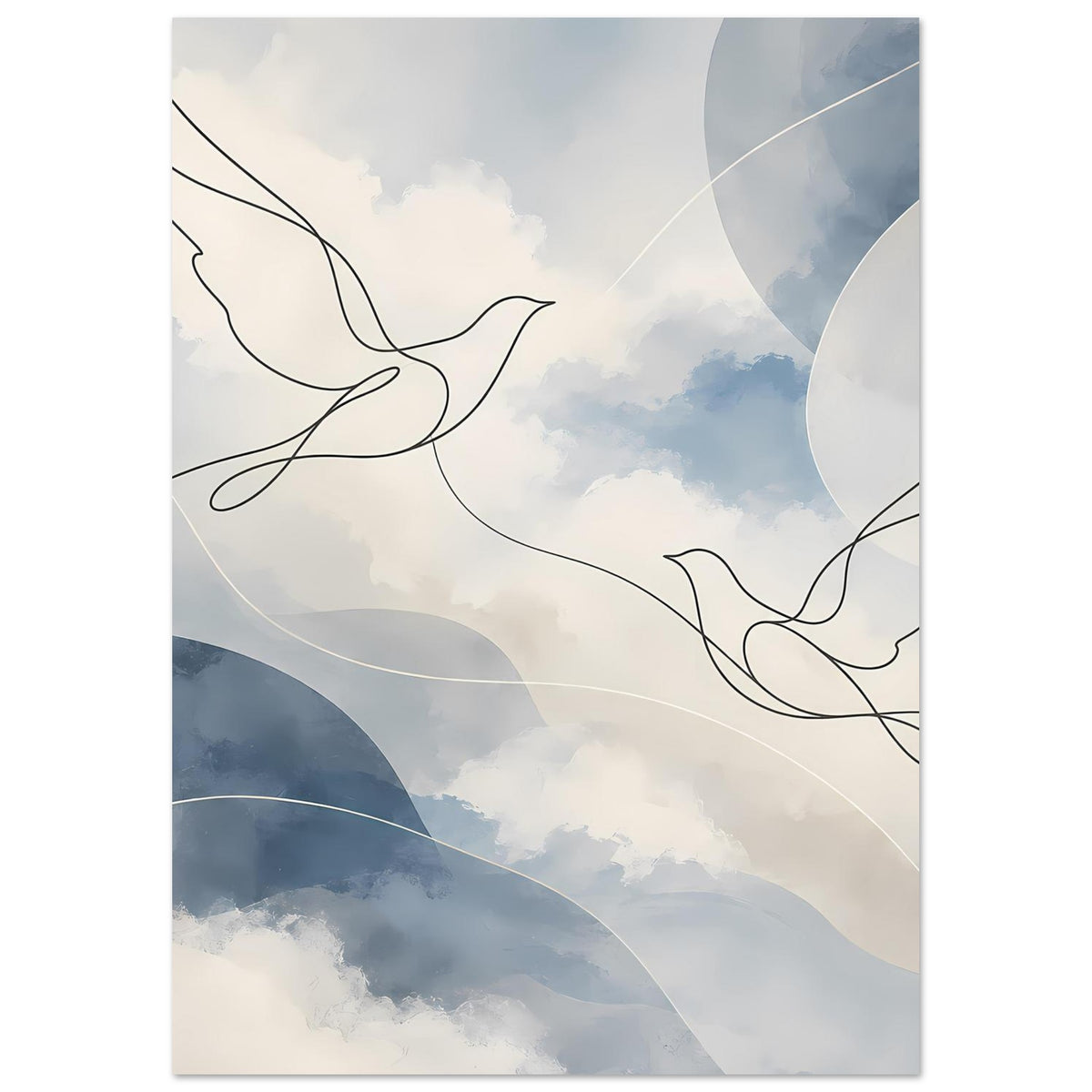 Kunstdruck im Hochformat mit Wolkenhimmel, blauen Bögen und schwarzen Tauben-Skizzen