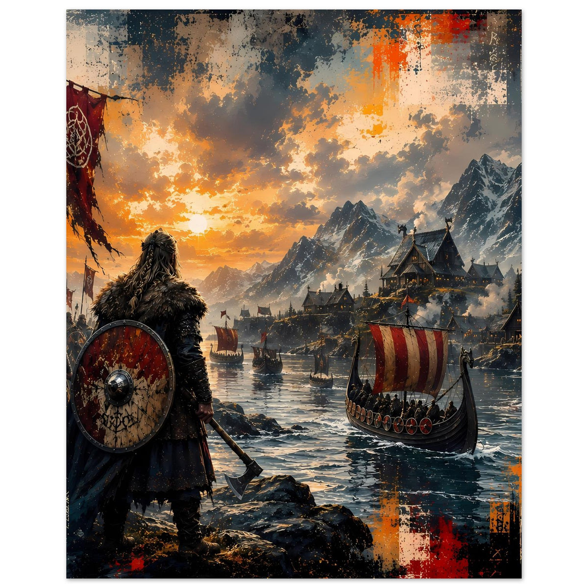 Wikinger-Saga-Poster mit Schildkrieger, Langschiff und Abendsonne über den Bergspitzen