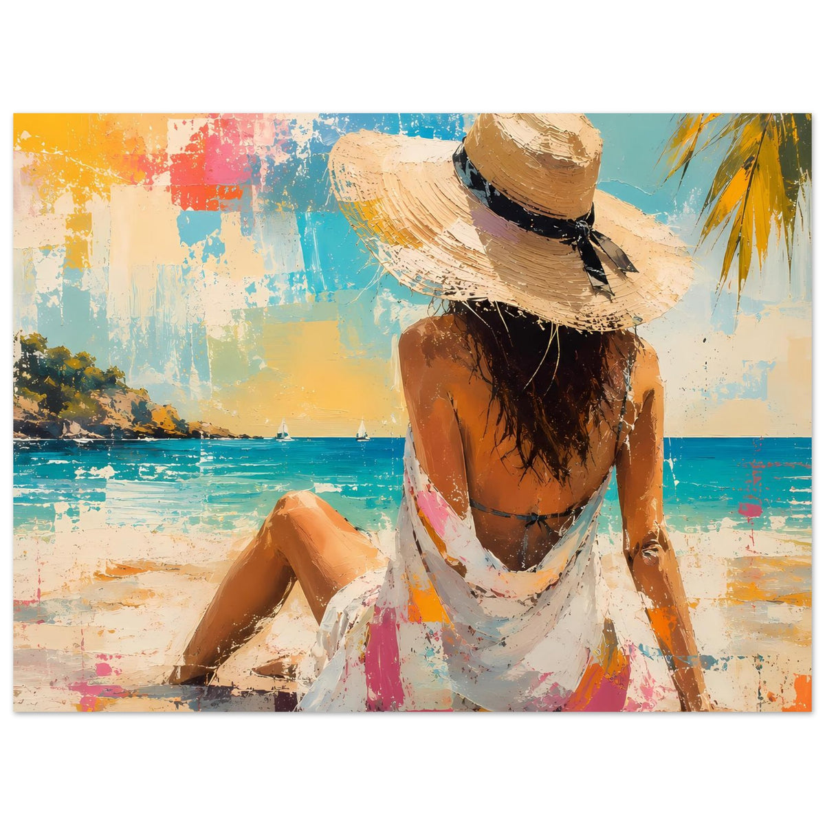 Sommerposter im Querformat: Frau von hinten im Strohhut, Strandkleid mit Farbspritzern