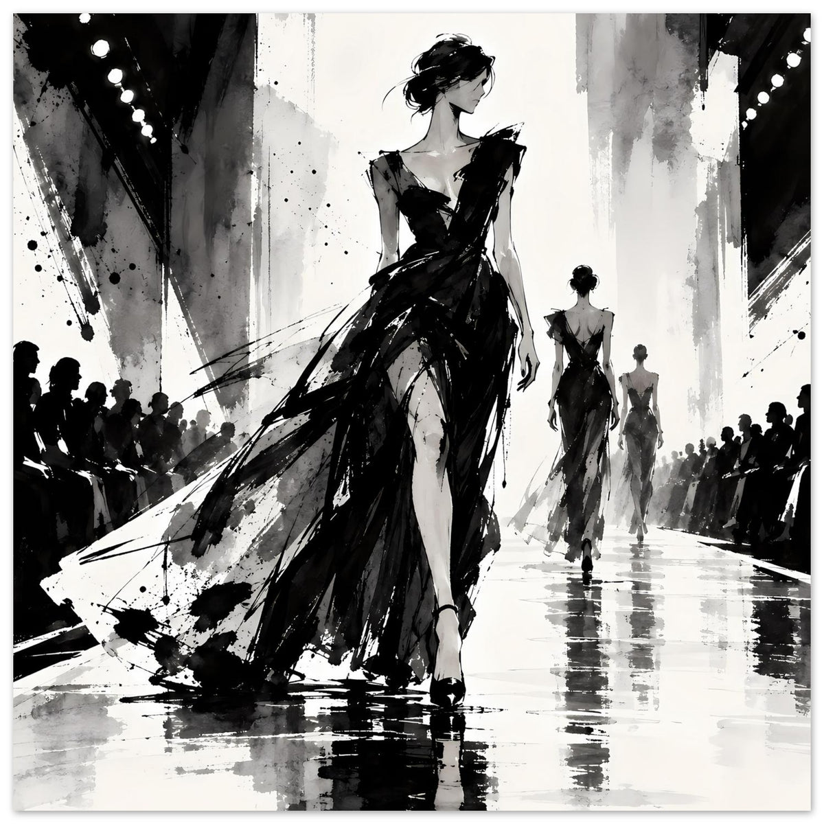 Poster mit Schwarz-Weiß-Fashion-Illustration: Frau vorne im Kleid, Reihe weiterer Silhouetten