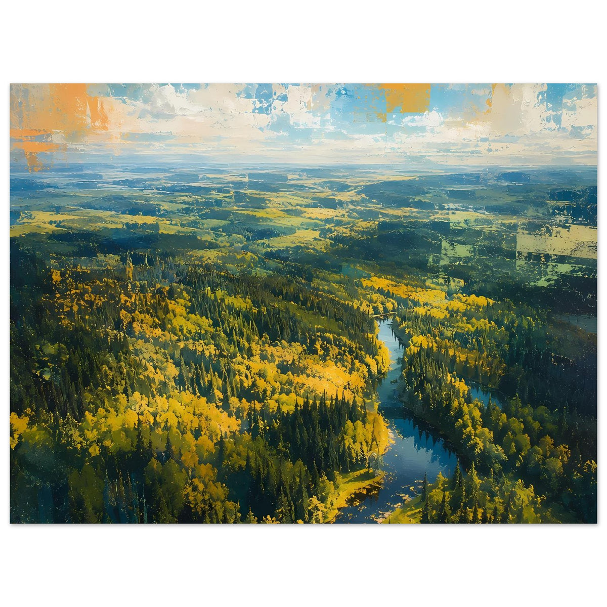 Premium-Poster im Querformat: Herbstwälder mit Fluss und grünen Feldern im Hintergrund