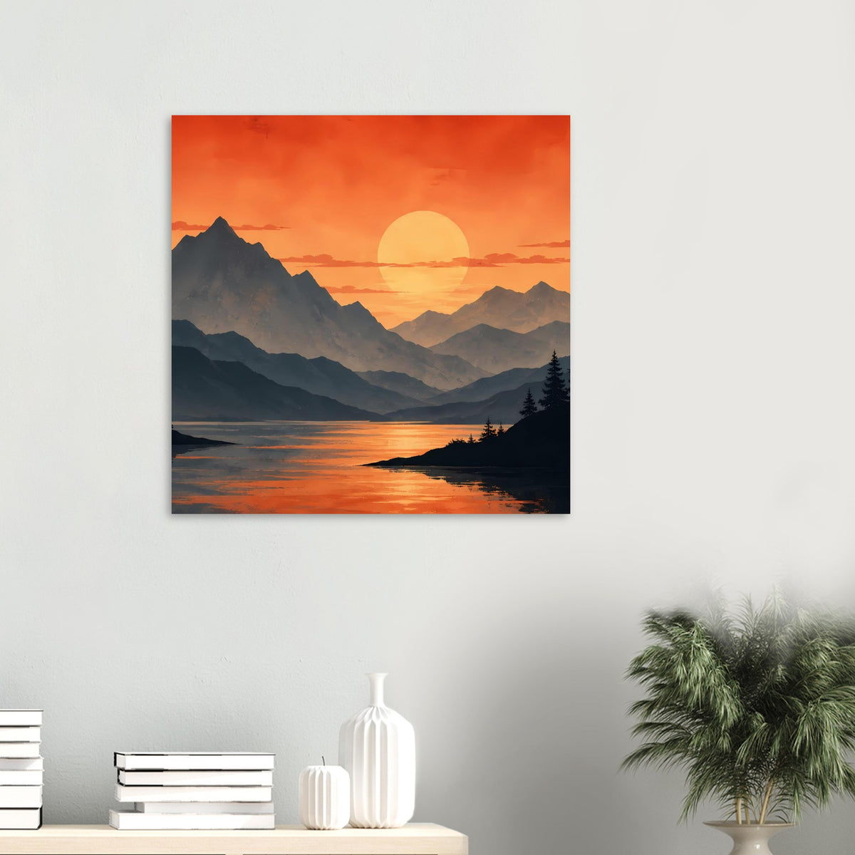 Quadratisches Poster mit orangefarbenem Sonnenuntergang über Bergsee und dunklen Bergsilhouetten