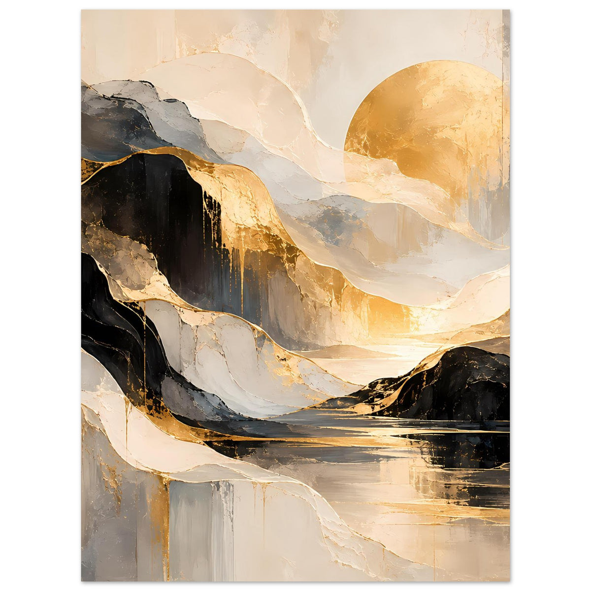 Abstraktes Kunstposter im Hochformat: schwarze Kanten, goldene Schimmerflächen, helle Brüche