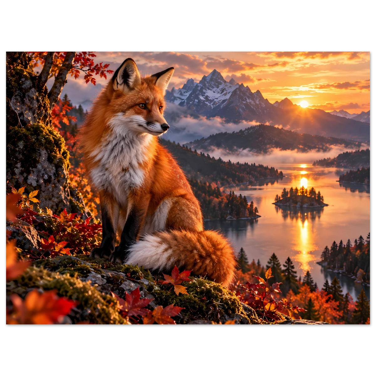 Poster mit rotem Fuchs auf Felsen, Herbstbaumzweige, Sonnenuntergang über See und Berge
