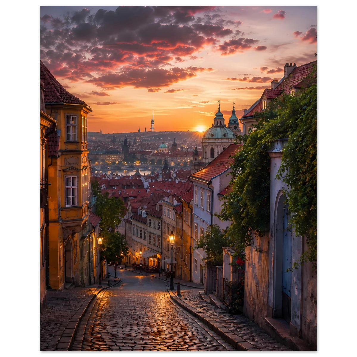 Stadtlandschafts-Poster im Hochformat mit Altstadtgasse, Laternen und Sonnenuntergang am Himmel