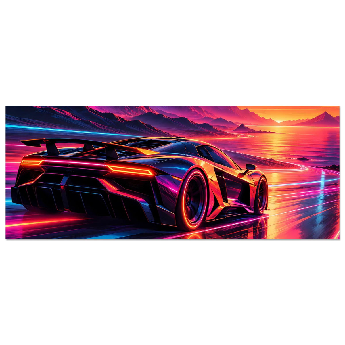 Querformat-Poster mit futuristischem Sportwagen, Neonlinien und Sonnenuntergang am Meer