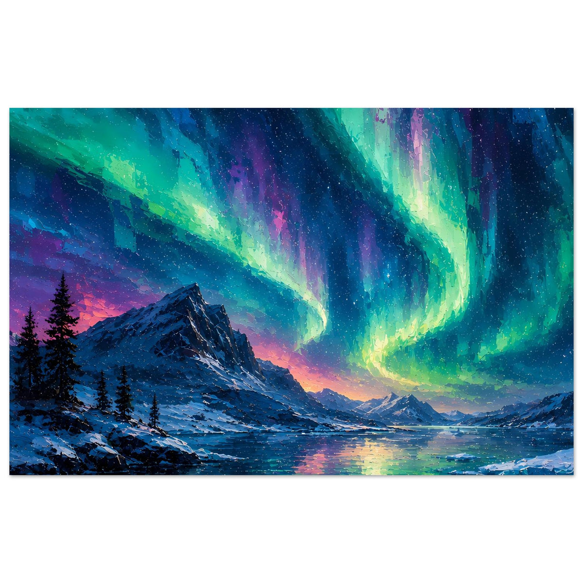Poster im Querformat: Farbige Nordlichter über Winterlandschaft mit Wasserlauf im Vordergrund