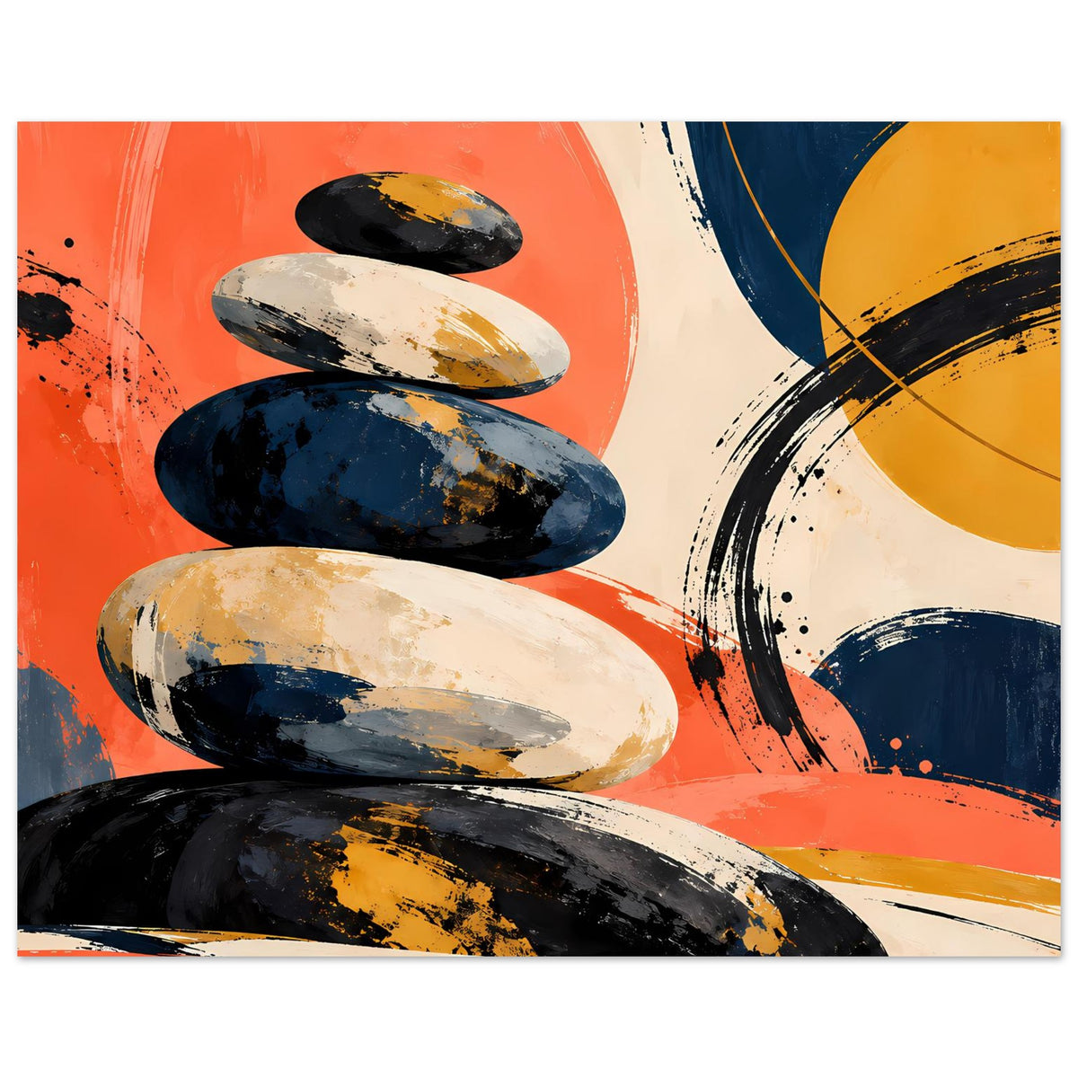 Poster mit Stein-Stapel und wirbelnden Linien in Orange, Dunkelblau, Beige und Gelb