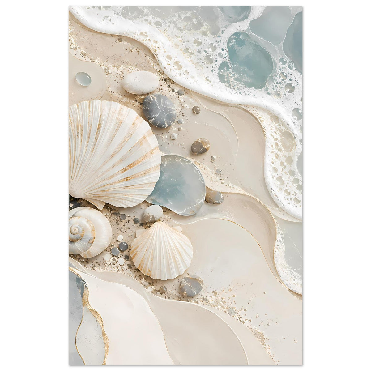 Meerblick-Poster mit Muscheln und Kieselsteinen auf sandigem Untergrund, von Wellen umspült