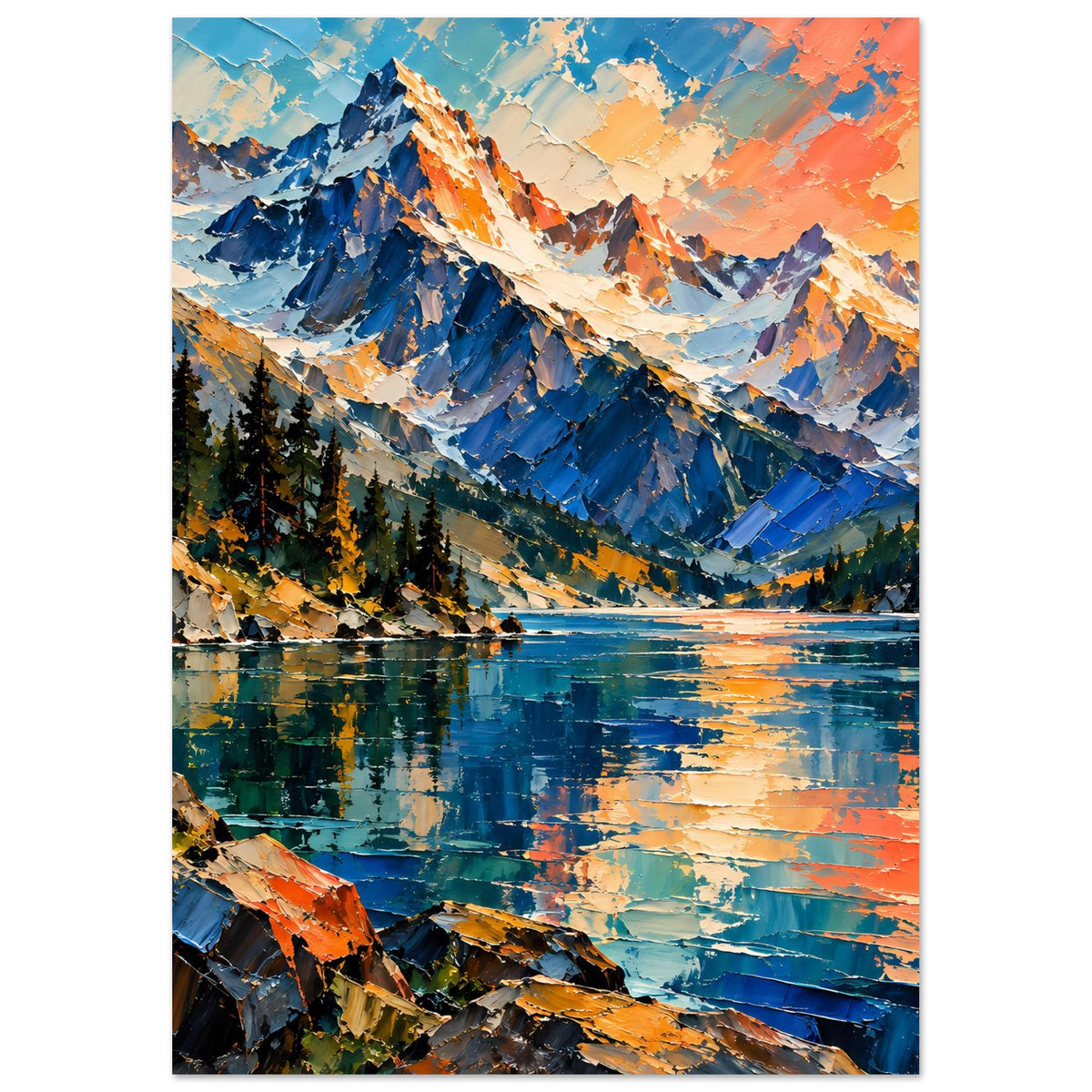 Matte Poster im Hochformat mit Bergsee-Motiv: Berge, Nadelbäume und türkis-oranges Wasser