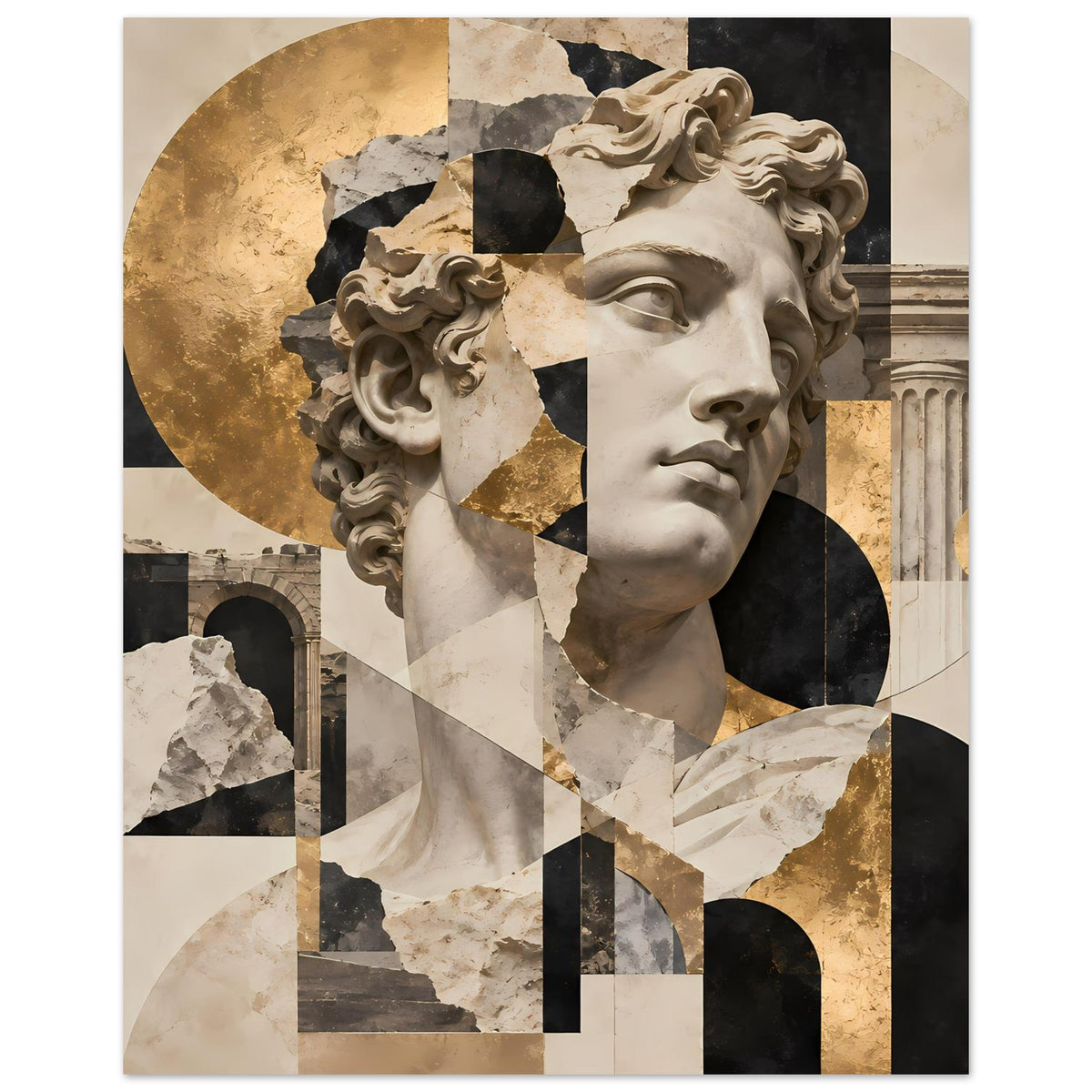 Kunstdruck mit antikem Marmorkopf, abstrakte Collage aus Gold- und Schwarzformen