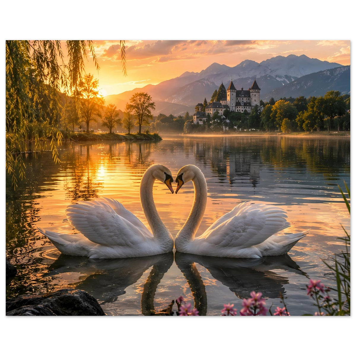 Poster: zwei Schwäne als Herz, warmes Licht am See, Landschaft im Hintergrund