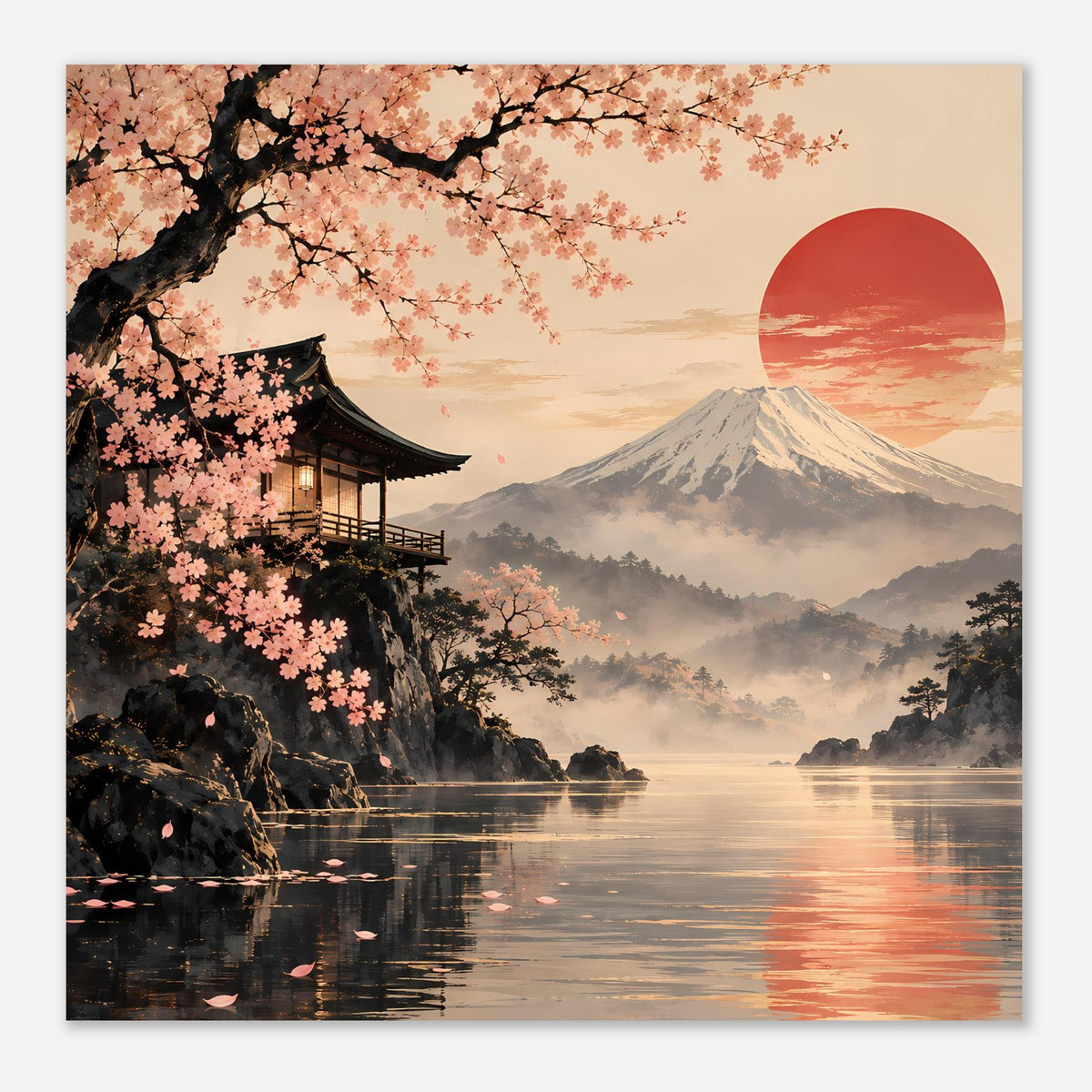 Quadratisch wirkendes Poster mit Kirschblüten, Tempel, Berg Fuji und rotem Sonnenkreis über See