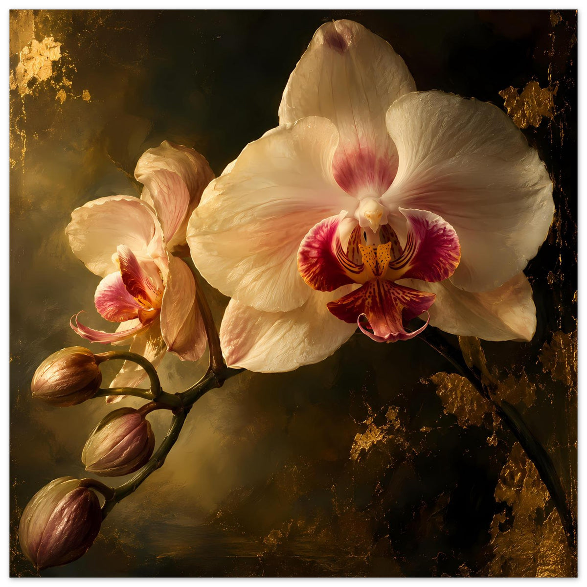 Orchideenposter: cremeweiße Blüte mit rosafarbenem Zentrum, links goldene Knospen, dunkler Hintergrund